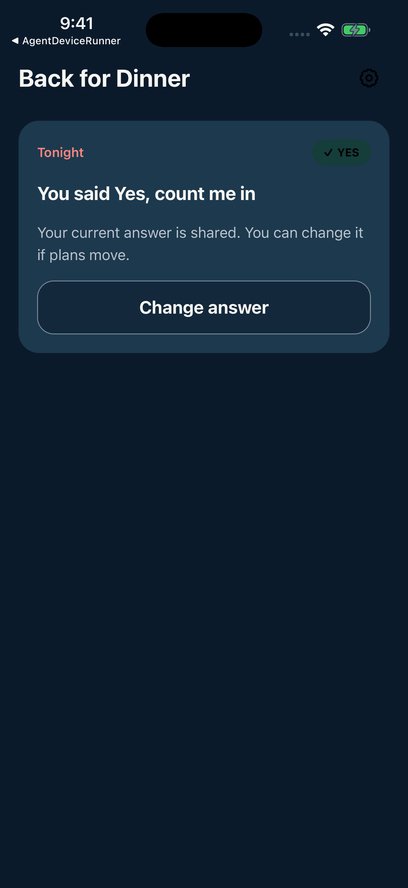 Back for Dinner simulator screen confirming that the household member is counted in for dinner tonight.