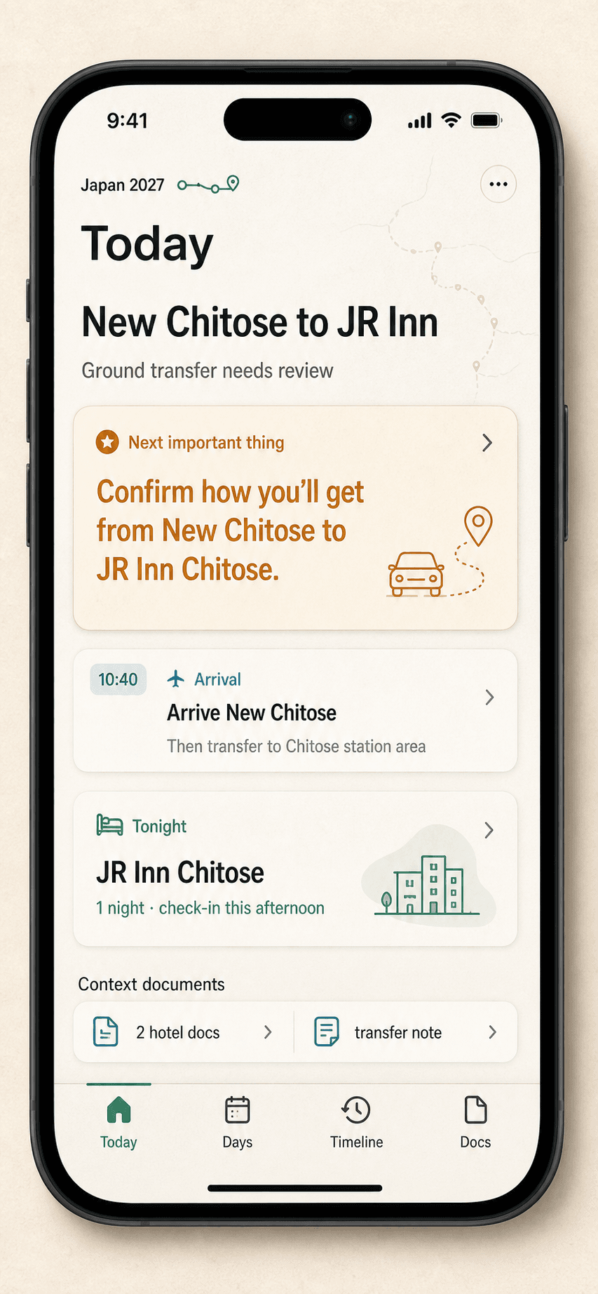Trips mobile design mockup showing the next transfer, hotel, and travel documents for a synthetic Japan trip.